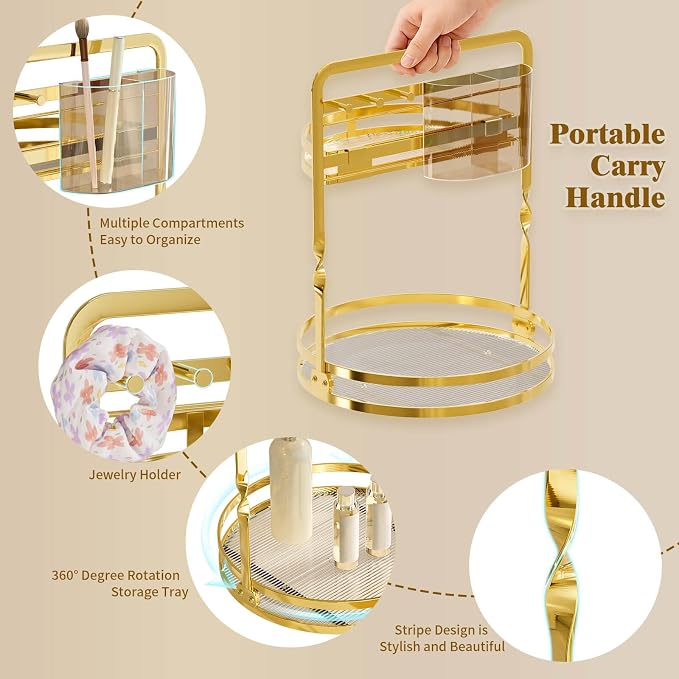 360° Rotating Makeup Organizer for Vanity, 2-Tier Gold Bathroom Organizer - Image 8