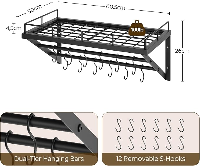 Wall Mounted Pot Rack, 23.8 Inch Pot and Pan Organizer - Image 3