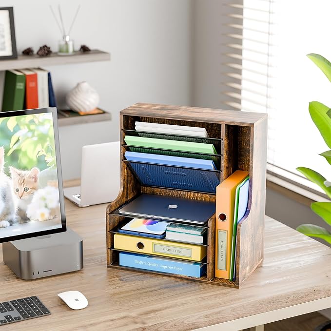 Simple Trending 7- Tier Desk File Organizer, Paper Organizer, Rustic Brown | - Image 4
