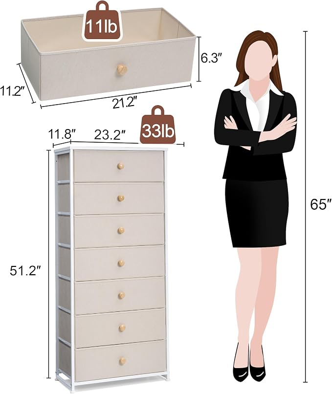 Fabric Dresser for Bedroom, Wide 7-Drawer Tall Vertical Tower | Wooden Top - Image 3