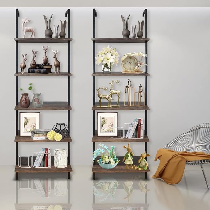 5 Tiers Ladder Shelf 2-Piece Black Modern Tall Bookshelf Open Large Tall Wall - Image 10