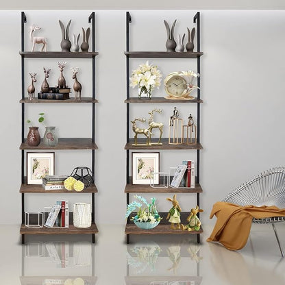 5 Tiers Ladder Shelf 2-Piece Black Modern Tall Bookshelf Open Large Tall Wall - Image 10