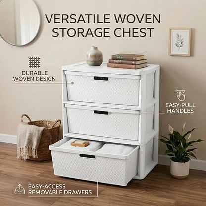 Premium Wide 3-Drawer Plastic Storage Tower, Decorative Opaque White Weave - Image 4