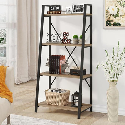 BON AUGURE Farmhouse Ladder Shelf Bookcase, 4 Tier Rustic Ladder Bookshelf - Image 9