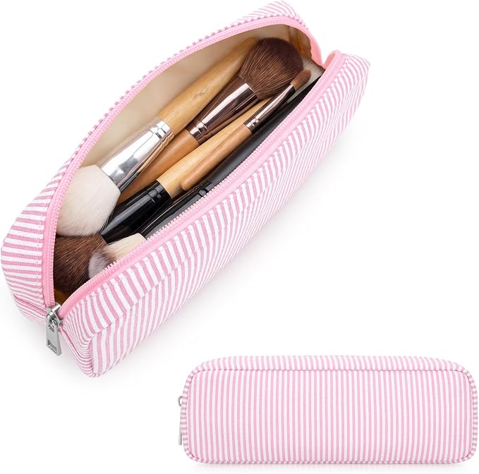 Striped Travel Makeup Brush Bag, Pencil Case and Cosmetic Pouch | Seersucker by JINSI