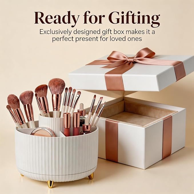 360 Rotating Makeup Brush Holder Organizer, 5-Slot White Spinning Cup - Image 7