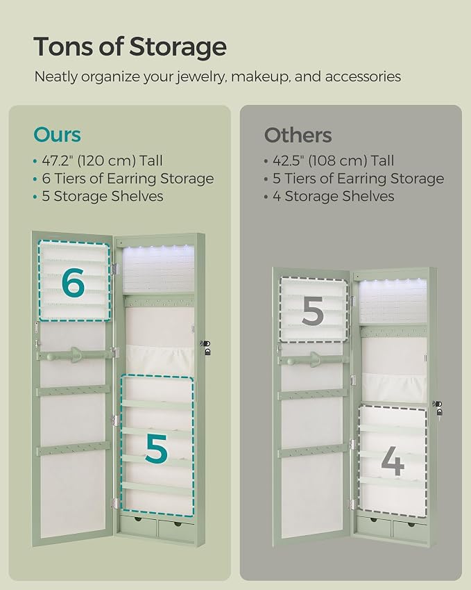 SONGMICS 6 LEDs Mirror Jewelry Cabinet, 47.2-Inch Tall Lockable Wall or Door - Image 6