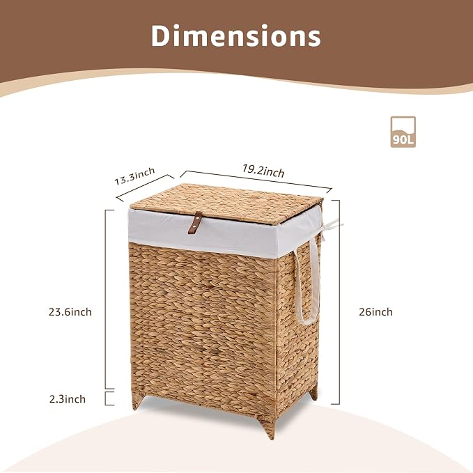 Laundry Hamper with Lid and Removable Liner Bag, Handwoven Natural Hyacinth - Image 2