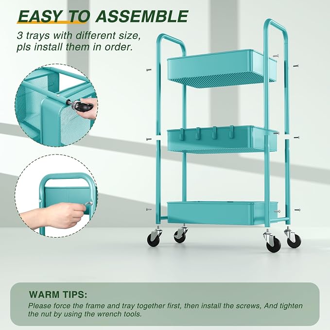 LEHOM 3 Tier Rolling Storage Cart, Metal Trolley Utility Cart - Image 6