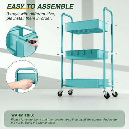 LEHOM 3 Tier Rolling Storage Cart, Metal Trolley Utility Cart - Image 6