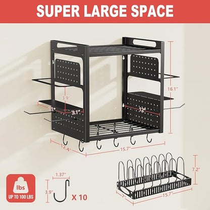 16 Inch Pot Rack Wall Mounted, 2-Tier Pots and Pans Organizer - Image 2