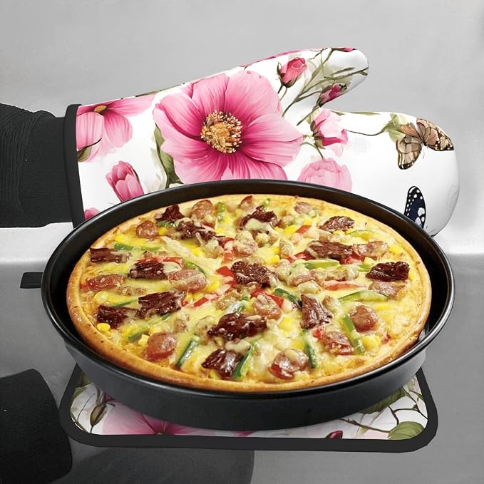 Garden with Birds and Flowers Gloves and Mats Set-Heat-Resistant Kitchen Gloves - Image 6