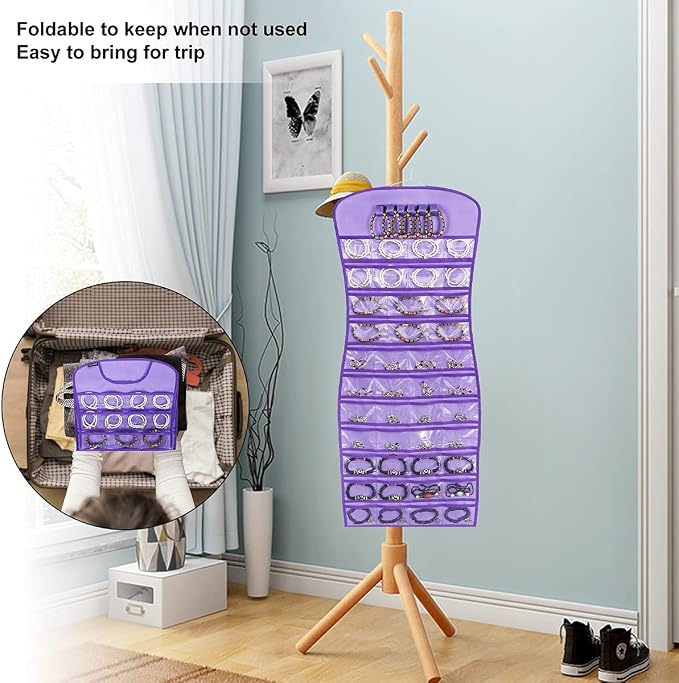 Hanging Jewelry Organizer Dual Sided 84 Clear Pockets and 6 Hook Loops Storage - Image 7