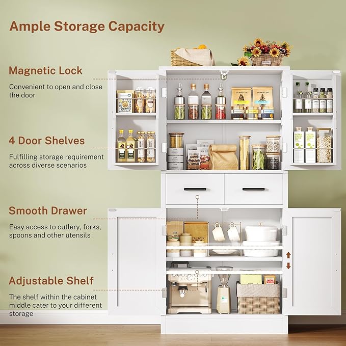 TEENFON Pantry Cabinet with 2 Drawers, Kitchen Storage Cabinet with 4 Door - Image 4