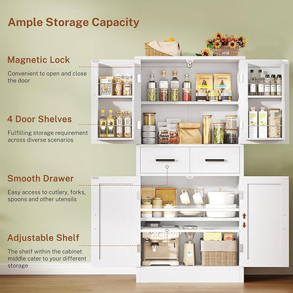 TEENFON Pantry Cabinet with 2 Drawers, Kitchen Storage Cabinet with 4 Door - Image 4