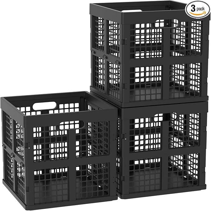 36 L Stackable Plastic Milk Crate, Collapsible Crates, 3 Packs | 13" Black by Taysisiter