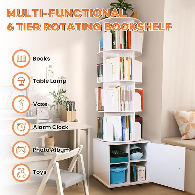 6 Tier Rotating Bookshelf Spinning Bookshelf Tower 360° Revolving Bookcase - Image 4