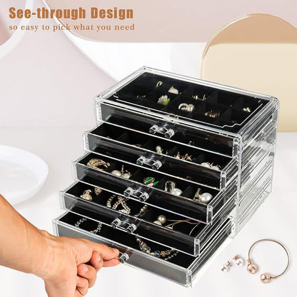5 Drawers Clear Jewelry Box for Women and Girls, Acrylic Earring Holder - Image 3