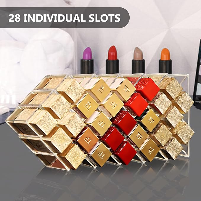 Lipstick Organizer, 28 Slots Acrylic Lip Holder, Stackable Lip Gloss Organizer - Image 3