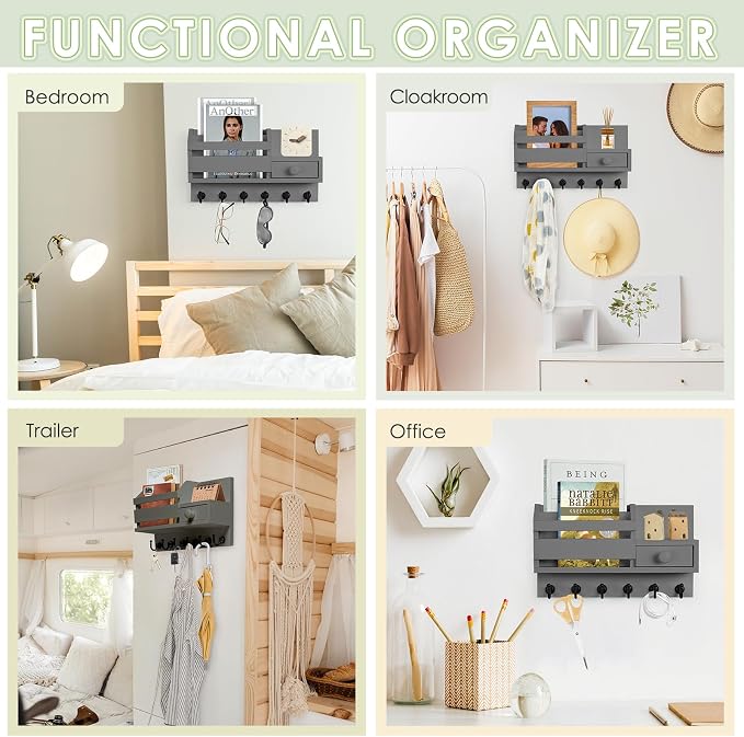 VIS'V Key Holder Wall Mount, Wooden Mail and Key Organizer, Small Shelf - Image 7