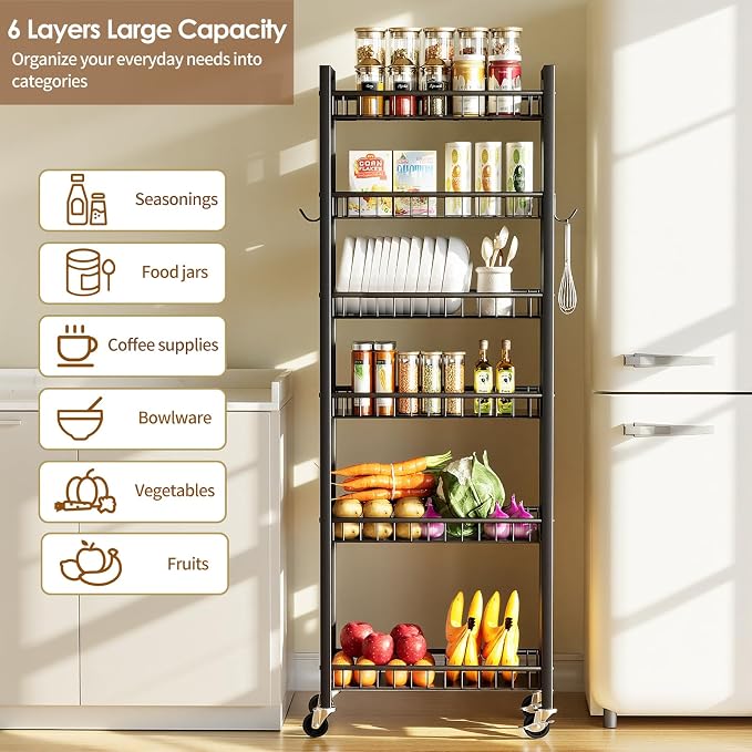 6 Tier Slim Storage Cart, Narrow Rolling Cart - Image 3