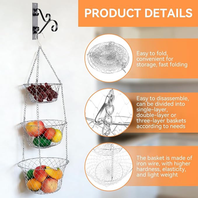 3‑tier Hanging Basket, Hanging Fruit and Vegetable Basket, Heavy Duty Wire - Image 5