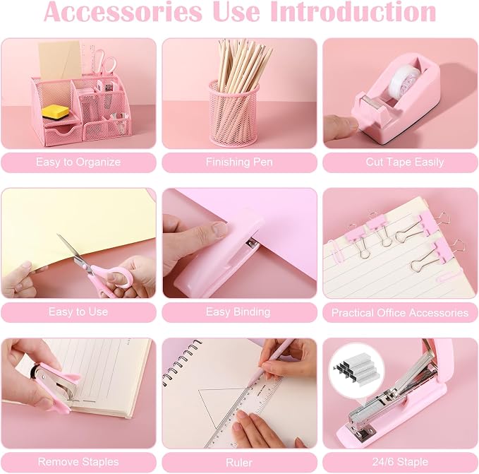auroray Pink Desk Organizers and Accessories, Tape Dispenser, 1000 Staples - Image 4