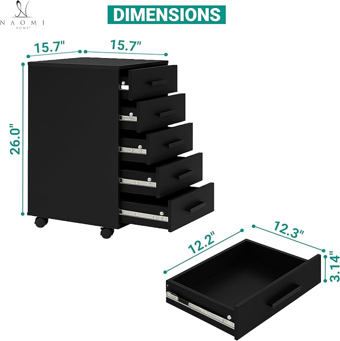 Naomi Home 5-Drawer Under Desk Rolling Storage Cart - Image 2