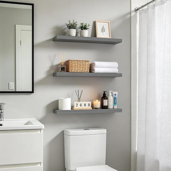 BAYKA Grey Floating Shelves for Wall, 22.5 inch Wall Mounted Shelf for Bedroom - Image 2
