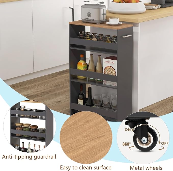 POWERSTONE 4-Tier Slim Storage Cart, Narrow Kitchen Rolling Cart w/Handle & - Image 5
