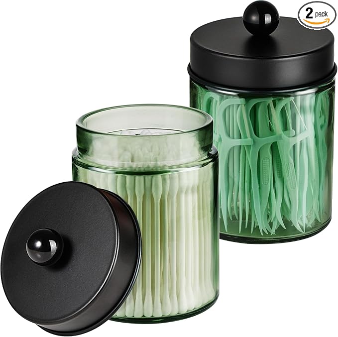Amolliar Sage Green Glass Apothecary Jar, Qtip Holder Metal Lid & Stickers by Amolliar