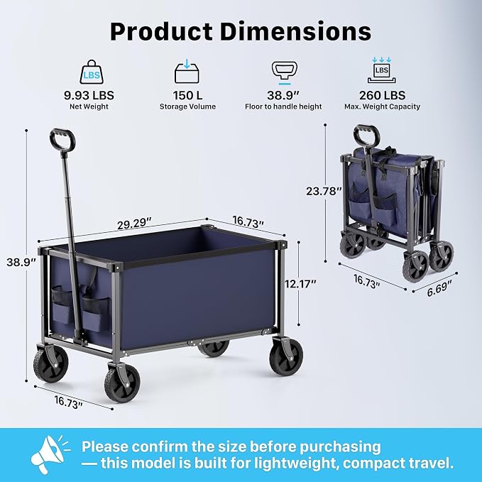 29.3" Collapsible Wagon Cart, 150L Heavy Duty Folding Utility Wagon - Image 3