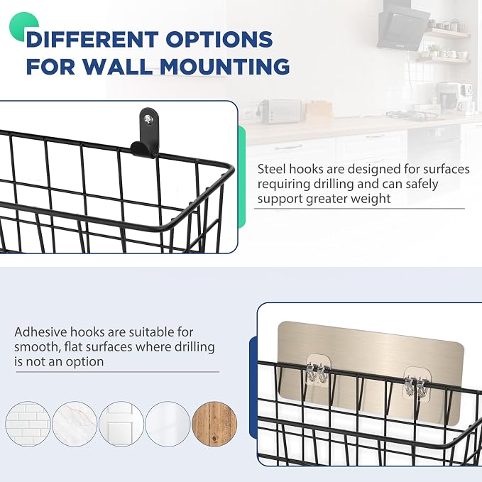 4 Pack Hanging Wall Basket Wire Storage Baskets, Adhesive Basket - Image 3