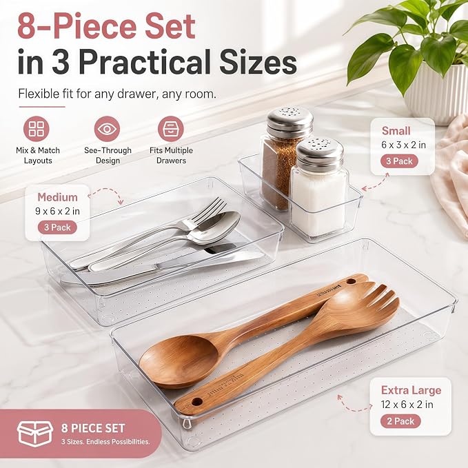 8 Pack Large Clear Plastic Drawer Organizer Bins - Image 2