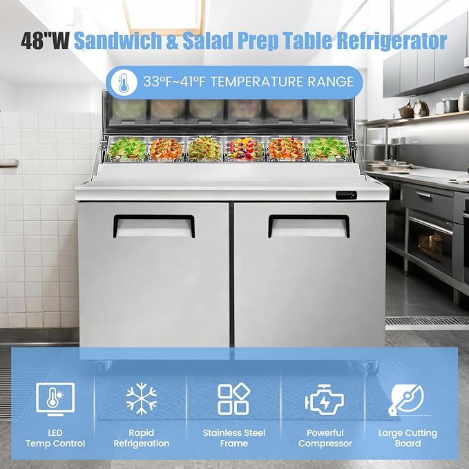 48" W Commercial Refrigerator Sandwich Salad Prep Table, Stainless Steel 2-Door - Image 7