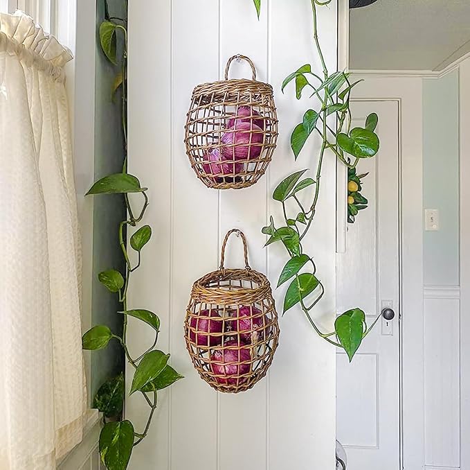 Elsjoy Set of 2 Hanging Onion Basket, Wall Mount Small Wicker Baskets - Image 8