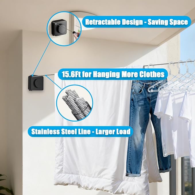 Retractable Clothesline, Non-Sagging Wall Mounted Laundry Line, Space-Saving - Image 3