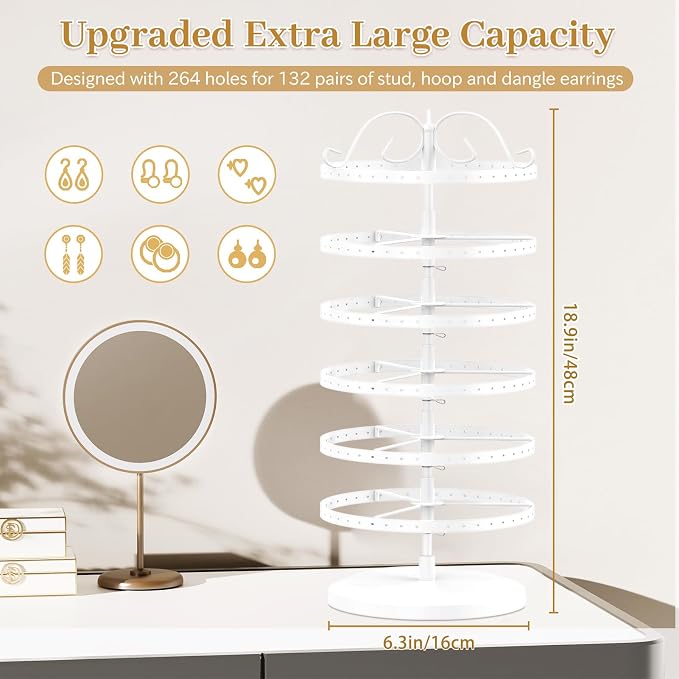 MODOWEY Rotating Earring Holder Organizer Stand, 6 Tier Large Capacity Jewelry - Image 2