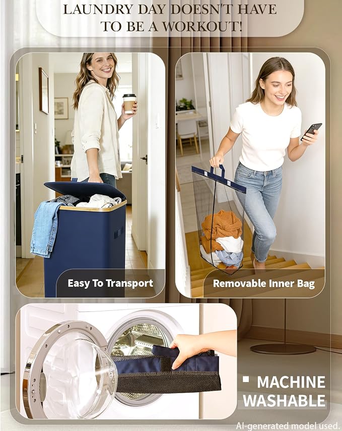 Laundry Hamper with Wheels, 75L Large Clothes Hamper with Removable Inner Bag - Image 3