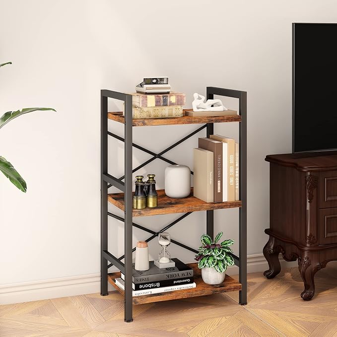 Homeiju Bookshelf, 3 Tier Industrial Bookcase, Metal Small Bookcase, Rustic - Image 2