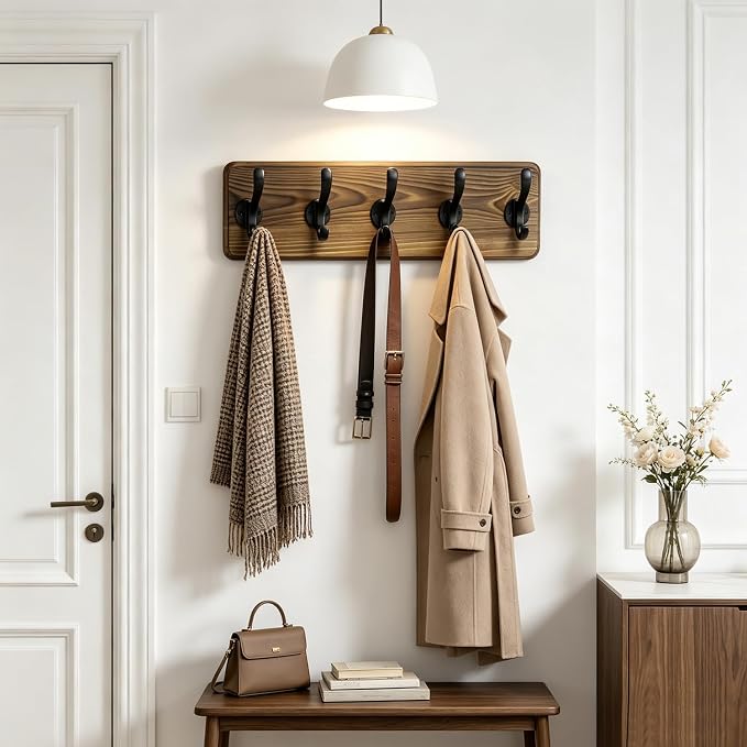 17" Coat Rack Wall Mount with 5 Metal Hooks, Rustic Wall Mounted Coat Rack | - Image 7