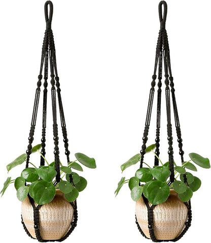 Mkono Macrame Plant Hanger Indoor 35 Inch Hanging Planter Basket Black 2Pc | by Mkono