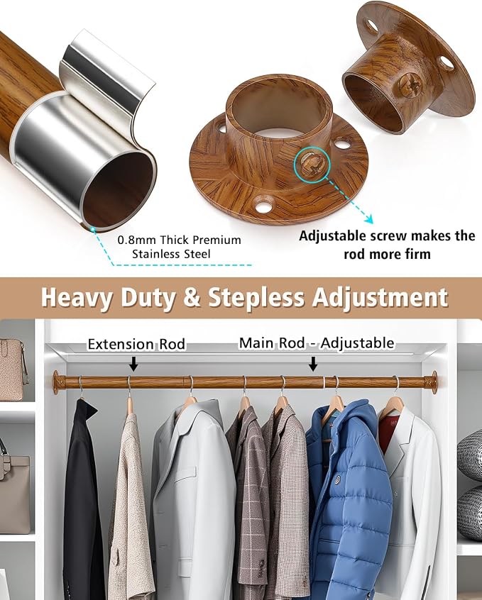 Closet Rods for Hanging Clothes, 17-64 Inch Heavy Duty and Stepless Adjustable - Image 3