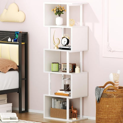Furologee White Geometric Bookshelf 6 Tier S-Shaped Bookcase, Tall Modern - Image 2
