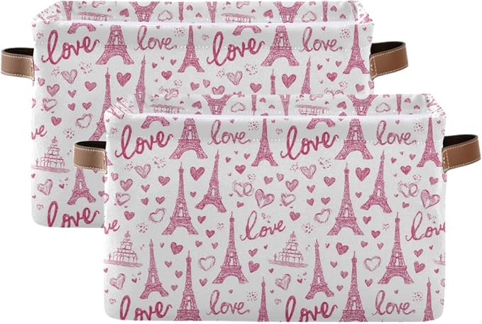 Rectangular Storage Bins Box Pink Paris Eiffel Tower Foldable Shelf Basket by Unknown