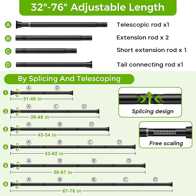Black Shower Curtain Rod 32 to 76 Inches Adjustable, 7/8 Inch Diameter Heavy - Image 7