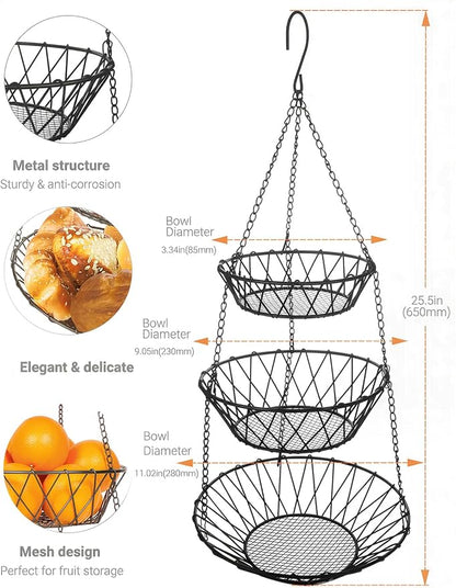 3 Tier Hanging Basket with Sturdy Metal Chain Hanging Hooks | Fruit and - Image 5