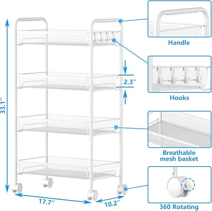 4-Tier Mesh Rolling Cart - Image 6