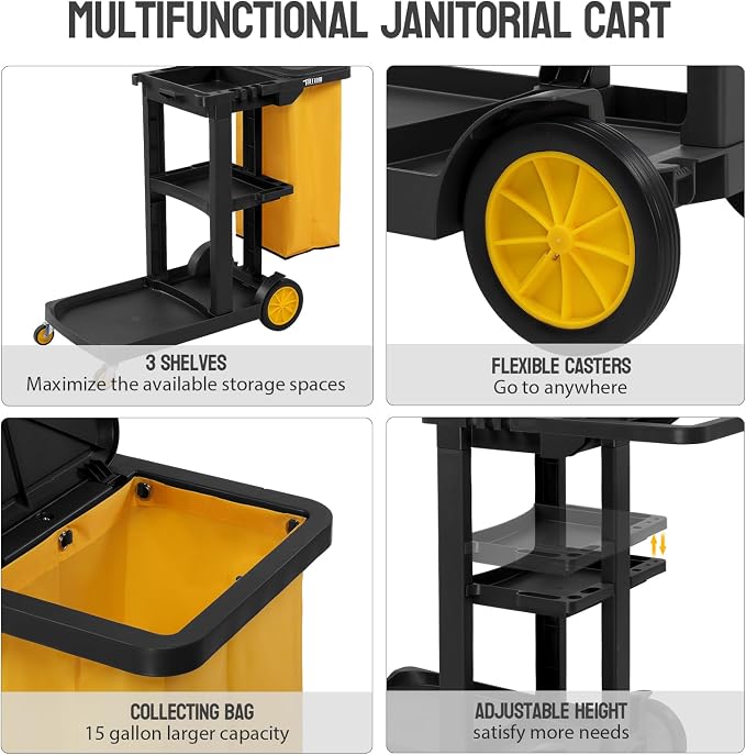 TUFFIOM Commercial Traditional Cleaning 3-Shelf Janitorial Cart, 500 Lbs - Image 9