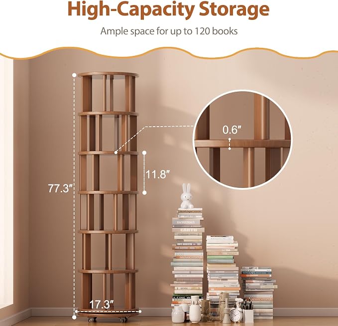Solid Wood Rotating Bookshelf on Wheels, 6 Tier, Round Revolving Bookcase - Image 2